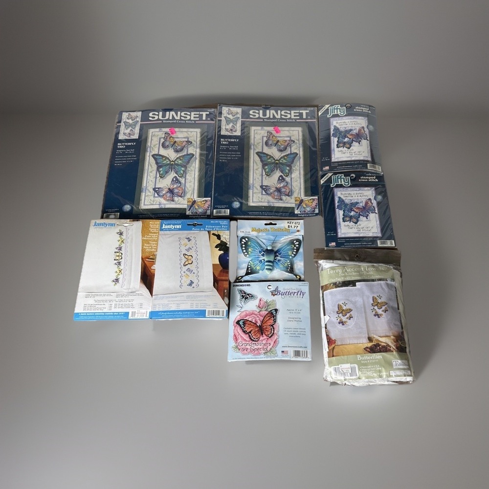 Vintage Butterfly Cross Stitch Kit Lot Sunset Dimensions Janlynn Jiffy Lot Of 9
